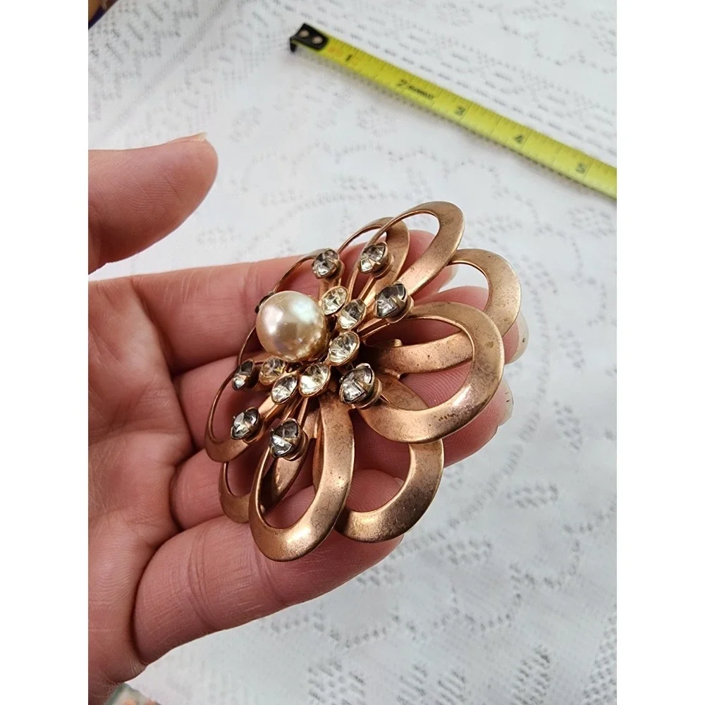 Vintage Mid Century Flower Brooch Smoky Glass Rhinestone Pearl Art Deco Mod